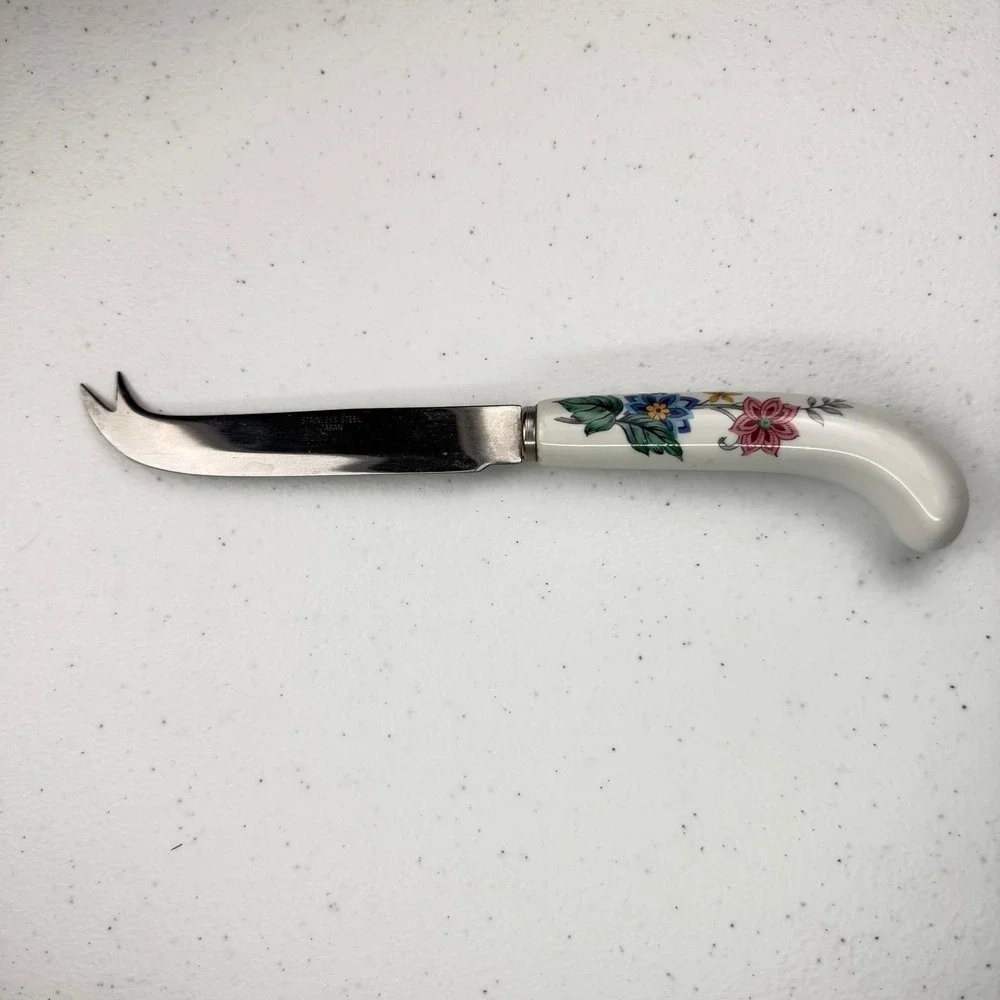 Vintage Japan Stainless Steel Cheese Knife Floral Ceramic Handle Forked Tip 8